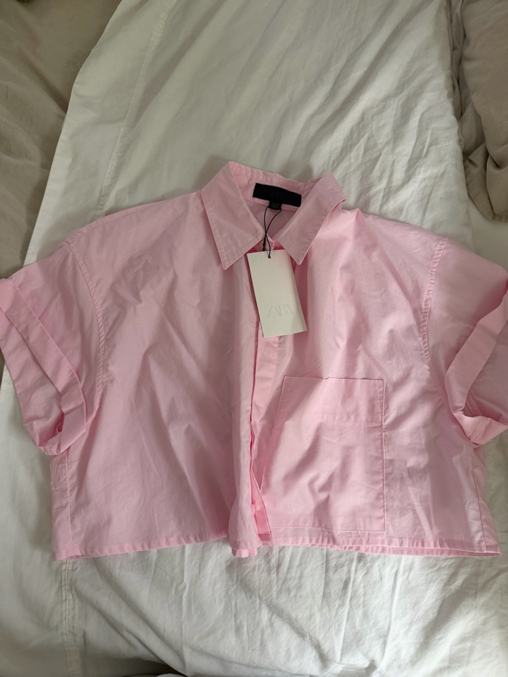 Zara Pink Short-Sleeve Cropped Button-Down Shirt